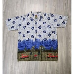 Vtg Pineapple Connection Hawaiian Shirt Men's L Floral‎ Palm Tree Car Beach Art